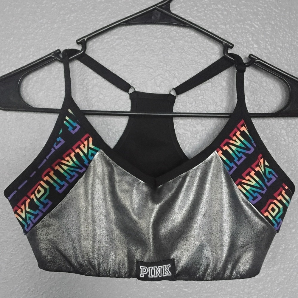 Victoria's Secret PINK Ultimate Sports Bra Silver Metallic Rainbow Logo M